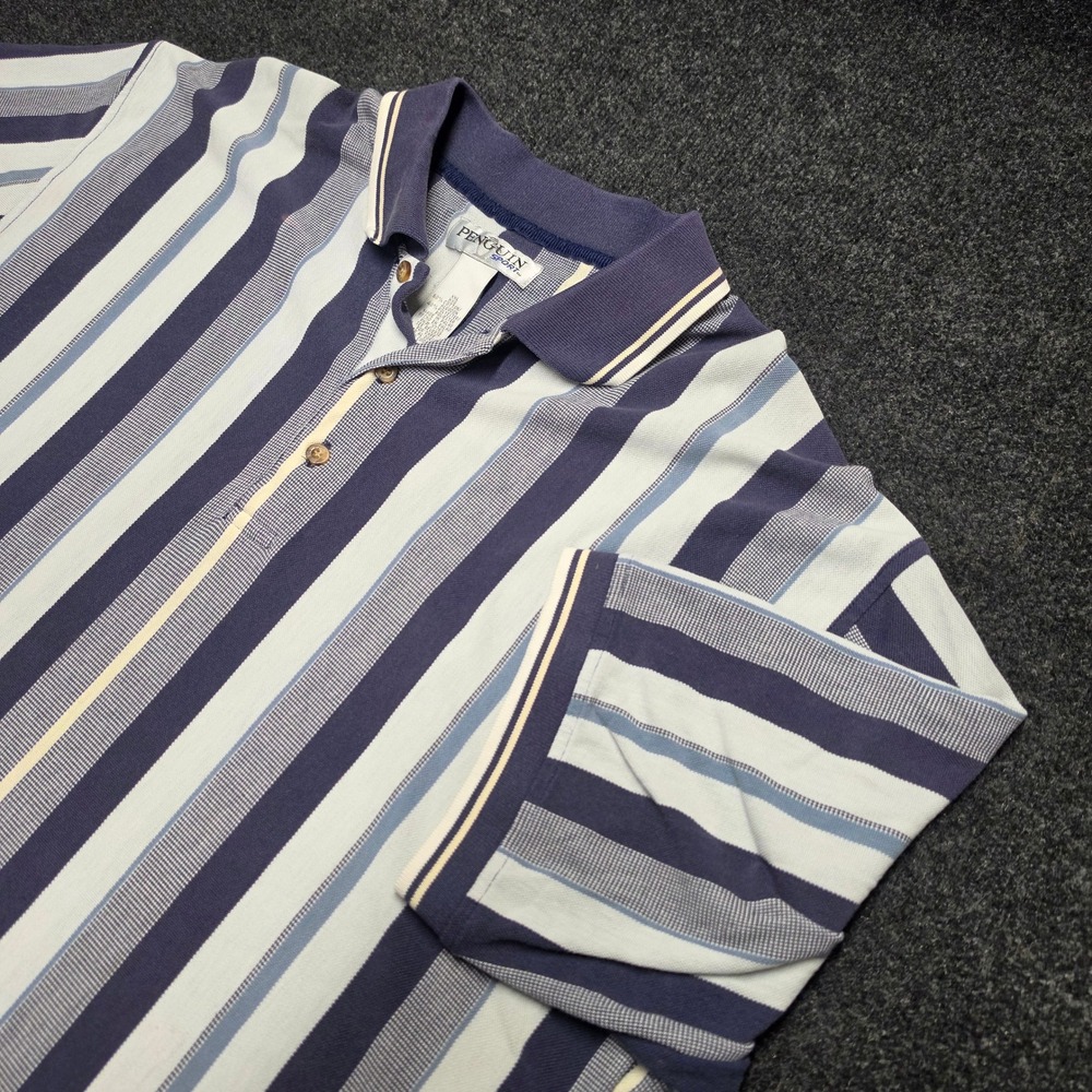 Penguin Sport Mens XXL Blue Vertical Stripe Short Sleeve Polo Shirt Cotton Blend